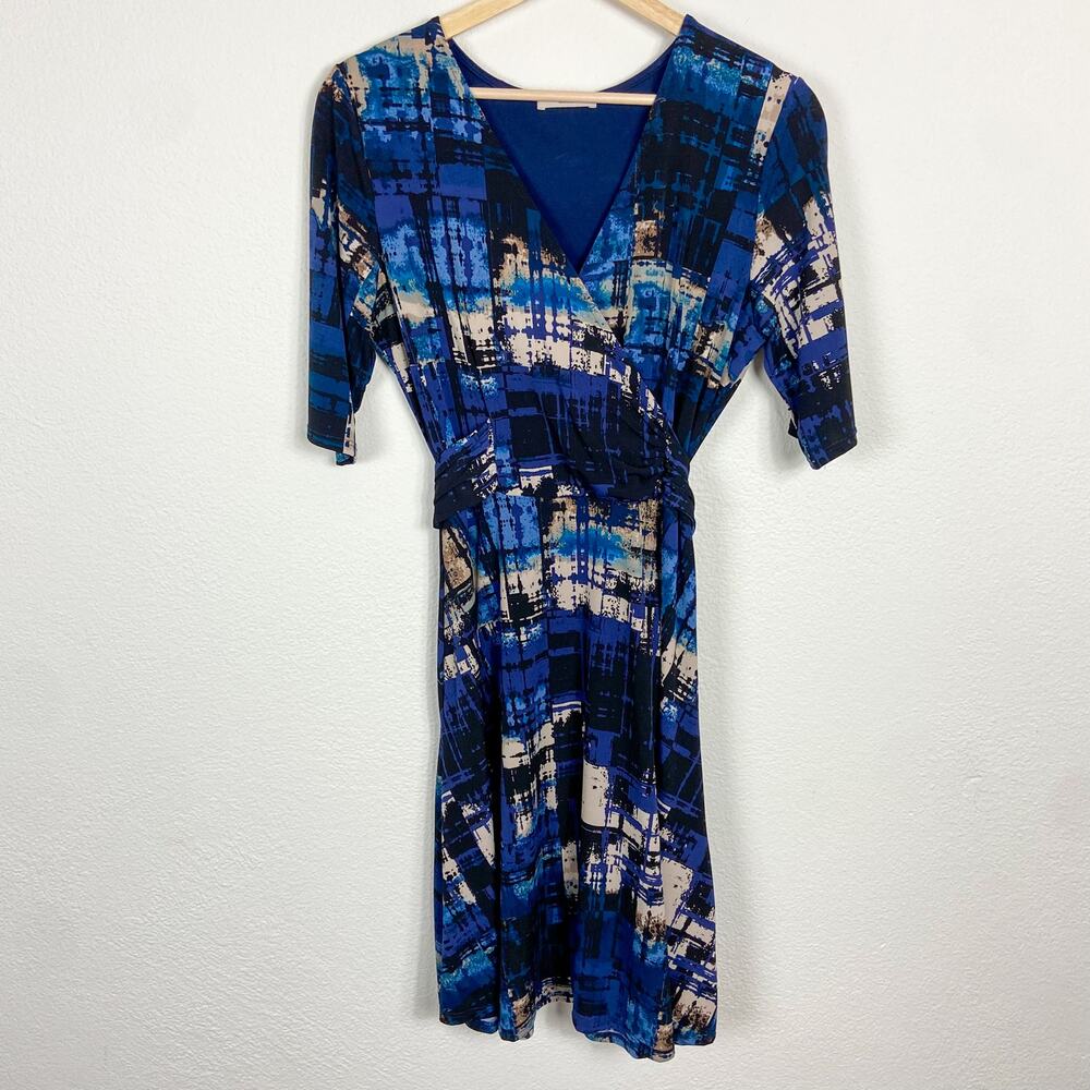 Gilli Faux Wrap Dress L Stretch Jersey Knit Blue Black Abstract Print